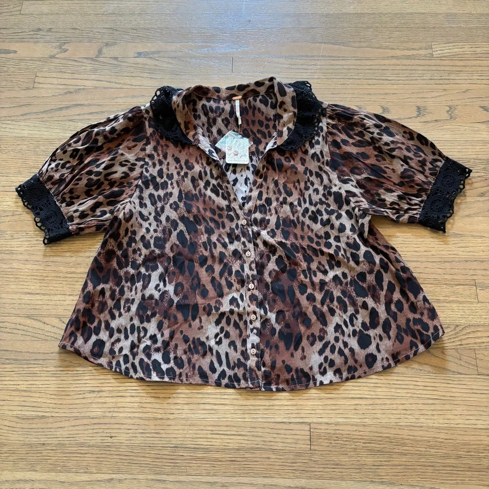 Free People Leopard Combo Blouse Brown Animal Print Lace Trim Small NEW